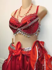 Hand Modified Belly Dance Red Beaded 4 PC Costume Skirt Hip Wrap Bra 36D Necklac