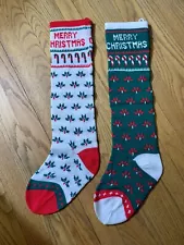 2 Vintage Knit Christmas Stockings Red White Green Candy Cane Holly Ships Free