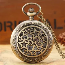 Bronze Hollow Five Pointed Star Quartz Pocket Watch Necklace Chain for Men Women