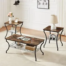 3-Piece Coffee Table & 2 Nightstand End Table Occasional Living Room Set Wooden