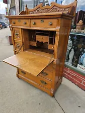 Victorian Antique solid Oak Carved Secretary desk dresser chest 1800's