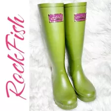 ROCKFISH Tall Wellington Rubber Rain Boots Green Pistachio Back Laces, Size US 7