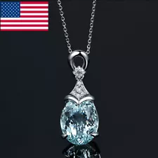 Women 925 Silver Aquamarine Gemstone Pendant Valentine's Day Necklace Gift USA