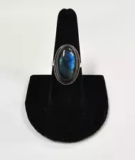 Beautiful Flash Sterling Silver Labradorite Cabochon Ring SZ 7.5