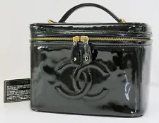 Authentic CHANEL Black Patent Leather CC Cosmetic Vanity with Top Handle #51751