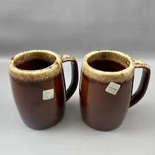 Vintage Hull Set Of Two Brown Drip Pottery Mugs Cups USA New Unused W/Tags Stein