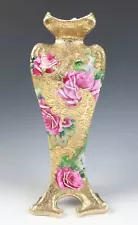 Rare Form 13" Nippon Heavy Gold & Roses Antique Porcelain Vase Japan Japanese