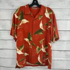 Tommy Bahama Shirt Men's Medium Tropical Calla Lily Silk Hawaiian Orange Floral