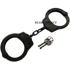 Police Handcuffs BLACK STEEL Double Lock REAL Hand Cuffs w/ Keys Authentic