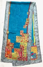 Abstract MODERN Hundertwasser Style ART Hand Painted Blue Crepe Silk Long Scarf