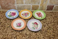 SALE Vtg set of five china plates w/ roses flowers different color pastel bands