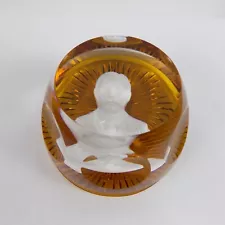 1980 Franklin Mint Baccarat Paperweight Teddy Roosevelt Amber Sulfide 3" Across