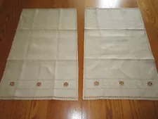 Vintage Set of 2 Tan Embroidered Linen New Old Stock Towels