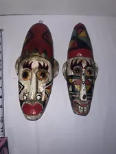 Set of 2 Indonesian Hand Carved Colorful Wooden Wall Folkie Masks