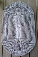 Handmade Crochet Oval Rag Rug 35" by 21 1/2" silver, grays, made by ree vick