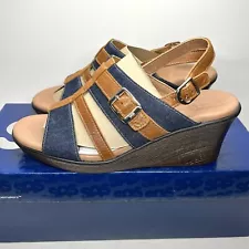 SAS Layla Sandals Women’s Sz 9 T-Strap Wedge Leather Denim Blue Jean New USA