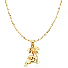 14K Yellow Gold Dolphin & Palm Tree Charm Pendant & 1.2mm Box Chain Necklace