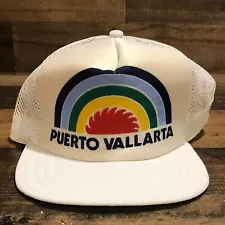 VTG Puerto Vallarta Hat Snapback Trucker Cap Men White Souvenir 90s Rainbow READ