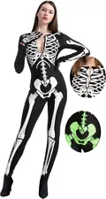 Women Glow in the Dark Skeleton Costume Bodysuit for Adult Halloween Costume