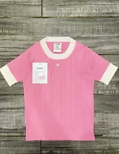 Chanel 23P Pink White CC Logo Ribbed Stretch Cotton Knit T-Shirt Top Shirt 36