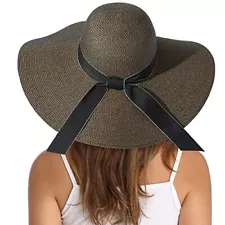 Womens Wide Brim Straw Hat Big Floppy Foldable Roll up One Size Bowknot-coffee