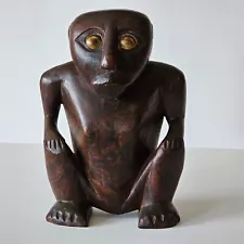 Antique Micronesian Tribal Seated Figure Caroline Islands Wood & Shell Sculpture