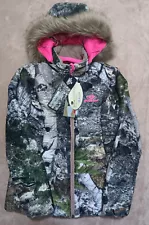 Women's Mossy Oak Camo Puffer Jacket Coat Pink Trim Size Small Fur Hood Hunting