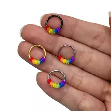 16G Septum Clicker Hoop Ring with Pride Rainbow Removable Orings Nose Ear Nipple