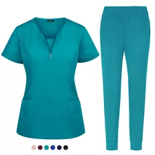 Stretch Scrub Women Solid V-Neck Top Cargo Jogger Pant Medical Nurse Uniform