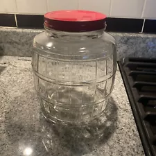 Large Vintage Clear Glass Pickle Jar Keg Barrel Style With Metal Lid 1 Gallon