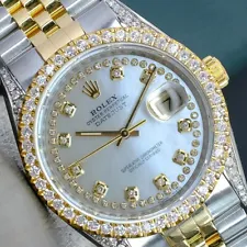 ROLEX MENS DATEJUST GOLD & STEEL WHITE MOP DIAMOND DIAL BEZEL LUGS 36MM WATCH