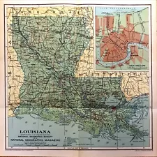 1930 National Geographic Louisiana Map New Orleans Old Spanish Trail 13"x 13"