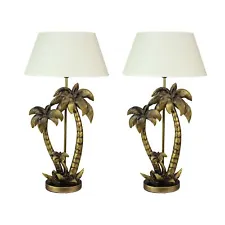 Set of 2 Antique Gold Finish Double Palm Tree End Table Lamp With Shade