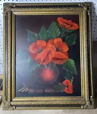 Original Framed Oil Painting On Canvas Red Poppies Floral Signed By Artist