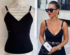 20S CHANEL BLACK KNIT SILVER CRYSTAL CC TOP 40 38