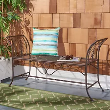 Wrought Iron Outdoor Garden Bench Victorian Scroll Patio Accent Seat Brown