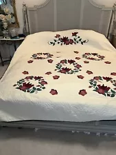 Amish Quilt DovEs Flowers Tulips 1992 Hand Stitched Wedding Vtg Bedspread 90x106