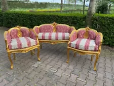 Vintage French Louis XVI Style Sofa Set in Gilded Beech with Striped Damask