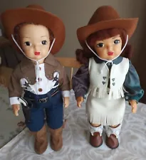 Terri & Jerri Lee Dotty Eyed Dolls Auburn Red Hair 1950s Cowboy Cowgirl 16” tall