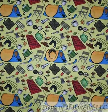 BonEful Fabric FQ Cotton Quilt Yellow Camp Tent Scenic Sleeping Bag Boy Scout UK