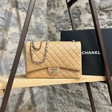 Chanel 19C Beige Lambskin Leather Classic Maxi Double Flap Bag