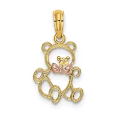 14k Two-tone Gold Cut-out Teddy Bear Bow Tie Charm Pendant Gift for Women