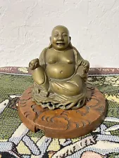 Vintage Buddha Statue Solid Brass On Hand Carved Wood Stand NICE!