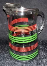 Vintage MCM Large Pitcher. 11 Glasses. Red/Green Stripes. Unbranded Lightly Used