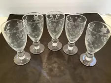 5 Vintage Cordial Cocktail Glasses Footed Clear Embossed Floral Ball Stem