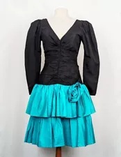 Vintage 80s Prom Dress Black Teal Green Ruffles Juniors Size 13 TD4 Eletra