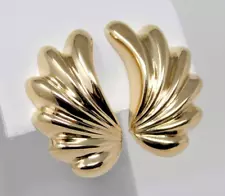 Hollow 14 kt Gold Pair of Ribbed Swirl / Wing Omega Back Drop Earrings B4483