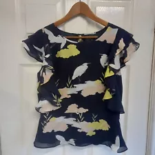 Biba Heron Stork Print 100% Silk Blouse Top Size 12 Navy Peplum Frill Sleeve