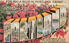 PORTLAND Oregon Large Letter Linen Postcard "For You a Rose in Portland Grows"