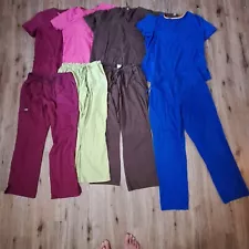 Scrubs women lot size Large 8 Pieces Tops Bottoms Blue Brown Pink Green AG